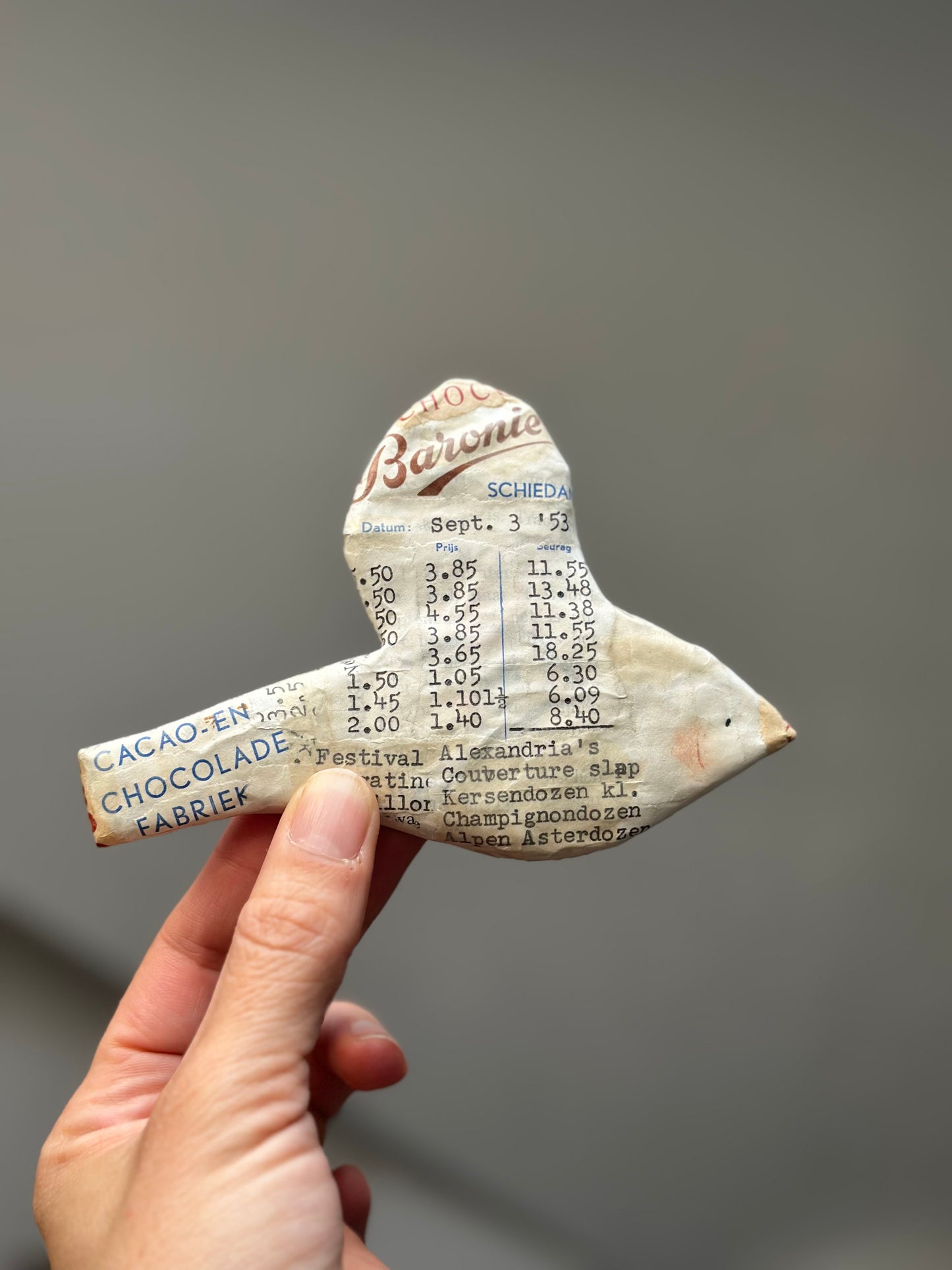 Vogels met een Verhaal - factuur chocoladefabriek De Baronie